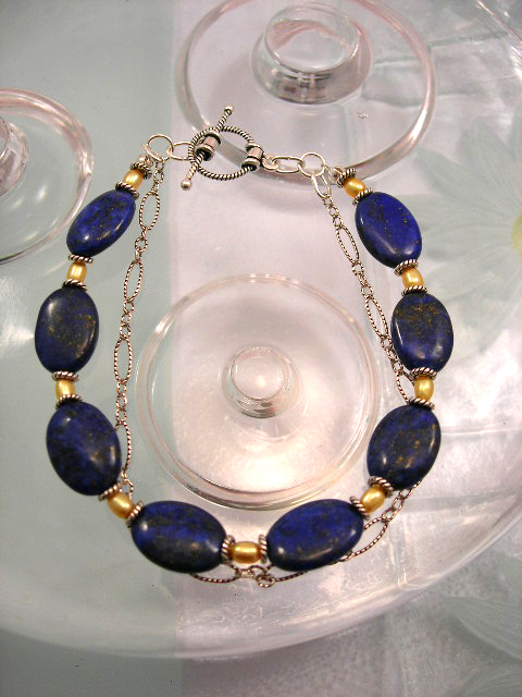 Lapis Lazuli o Sötvattenspärlor armband - Oval/kedja