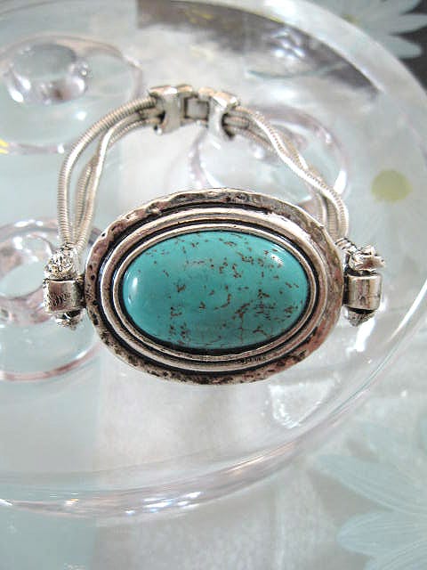 Tibetanskt silver armband med Turkoser - Oval/XL