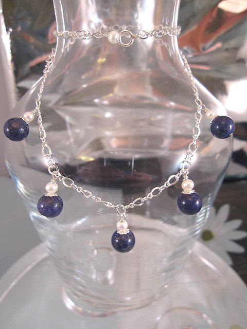 Lapis Lazuli o Sötvattenspärlor på kedja halsband - Berlock