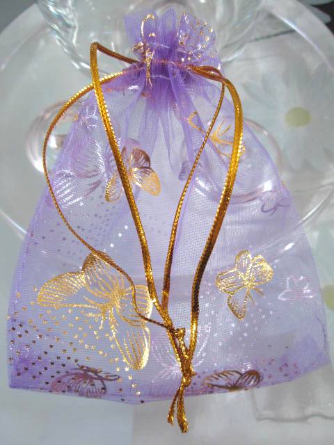Presentpåse Organza - Lila/Guldfjärilar