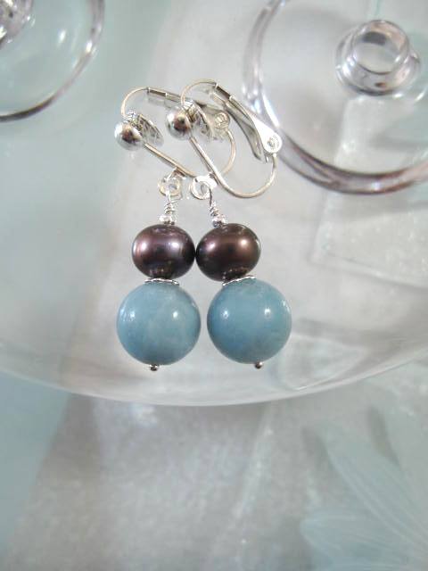 Clips örhängen med Amazonit o Sötvattenspärlor - Peacock