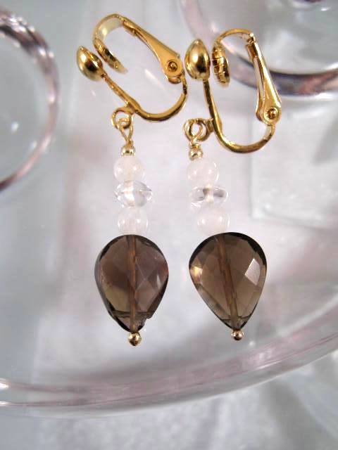 Clips örhängen med Röktopas, Månsten, Bergskristall - Fasett/Droppe