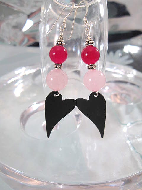 Långa Jade o Rosenkvarts örhängen - Svarta hjärtan