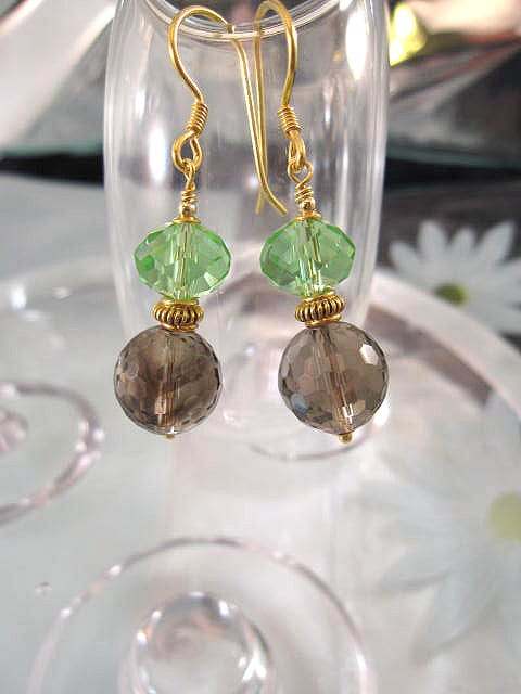 Guld, Vermeil örhängen med Röktopas o Kristaller - Brun/Ljusgrön/14k