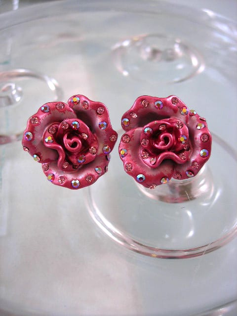 Emaljerade rosa örhängen med Kristaller - XL/Kristall/Blomma/Rosor