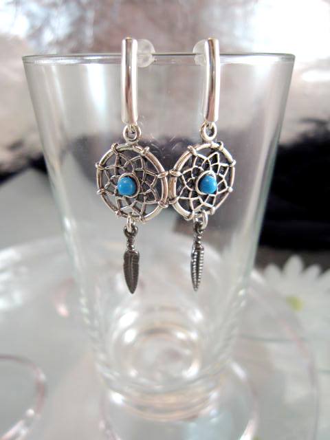Turkoser örhängen - Drömfångare/Fjäder/Antik